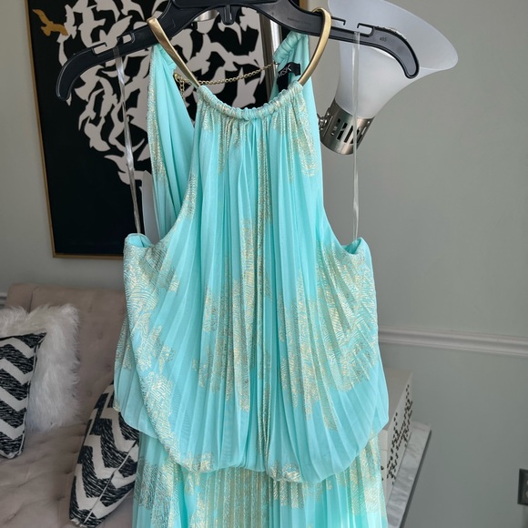 MSK Women's Gold Chain Halter Neck Maxi Woven Pleated Dress - Picture 6 of 15